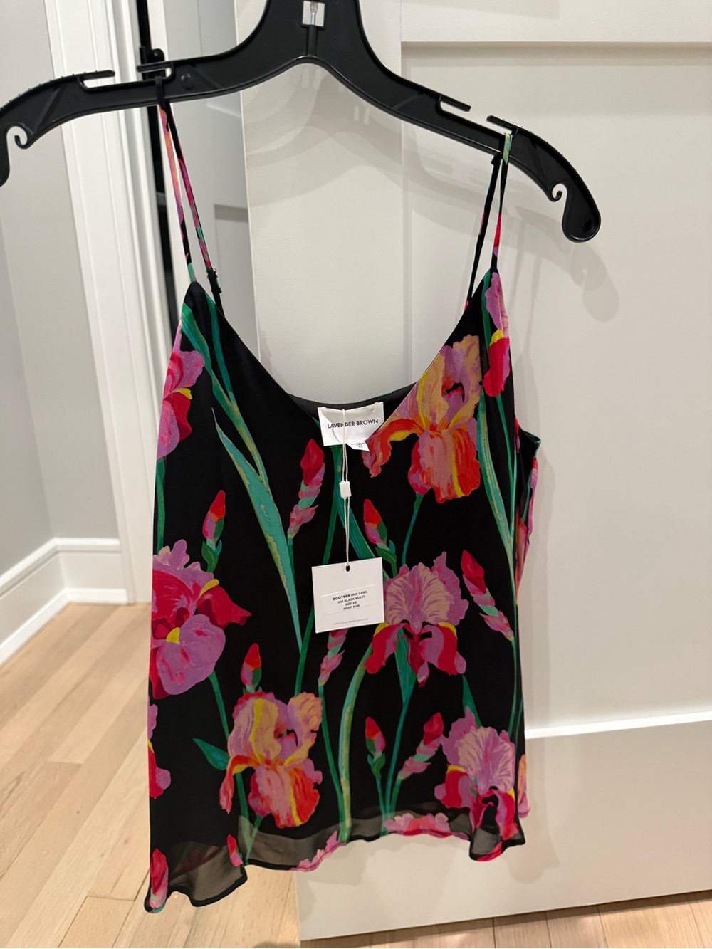 Lavender Brown Black Floral Silk Cami with Pink & Green Blooms